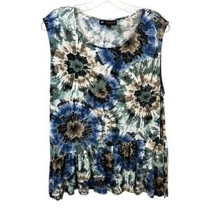 N Touch Large Tank Top Blue Green Tie Dye Peplum Sleeveless Festival Summer 1278